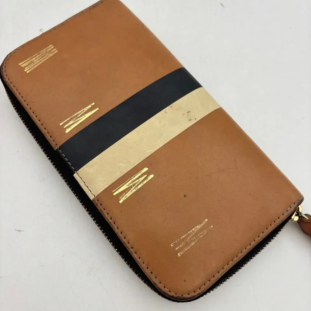 Clare V. Continental Printed Stripe Wallet Leather Tan Initial Logo Minimalist